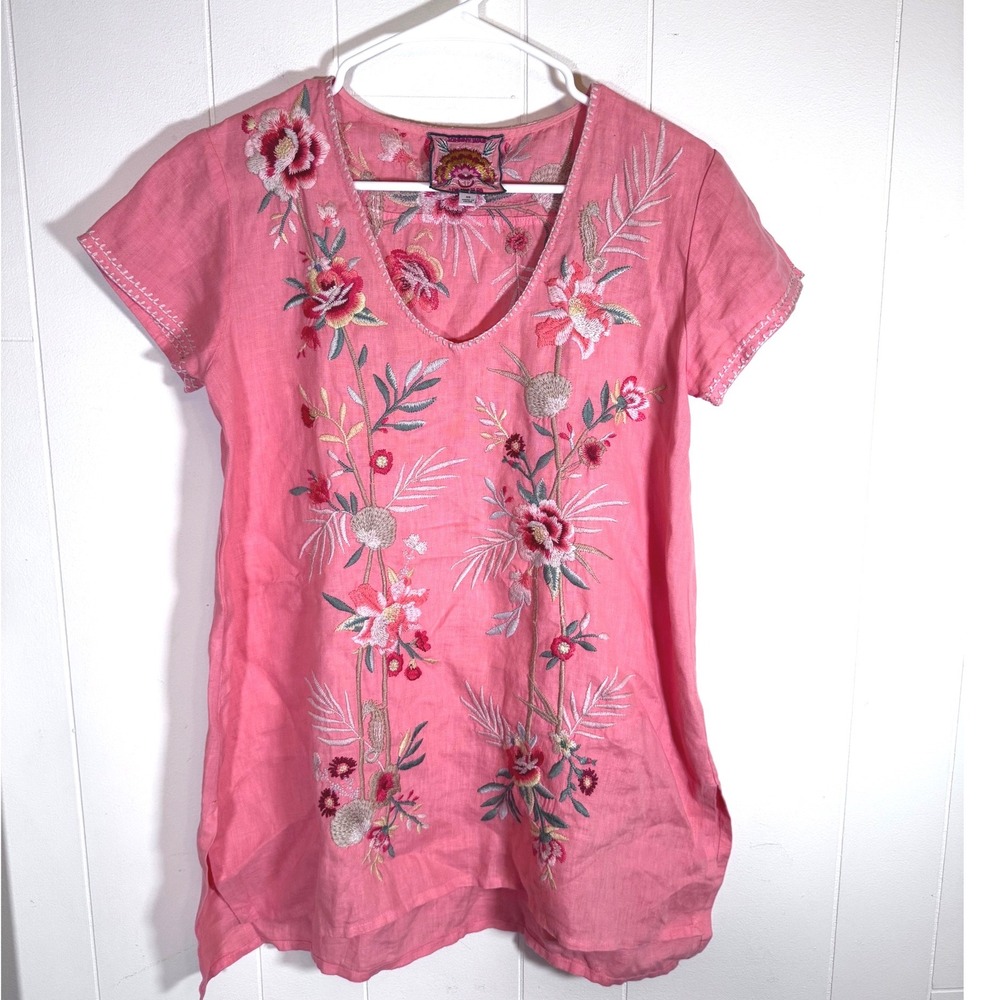 Johnny Was Pink Embroidered Linen V-Neck Short Sleeve Tunic Blouse XS Bohemian